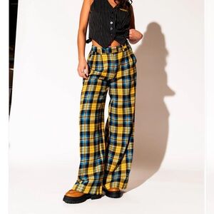Plaid Wide-Leg Pants - Yellow and Blue